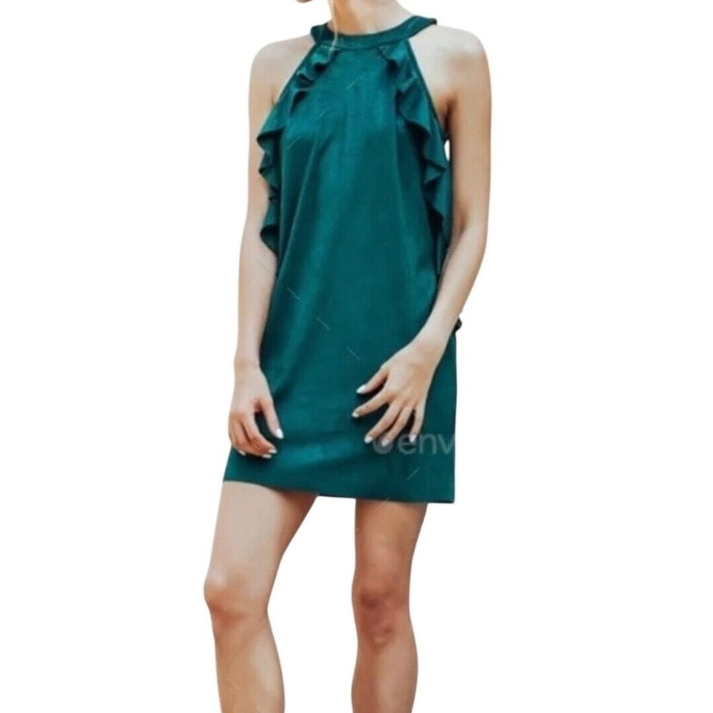 Free People Jade Green Ruffle Trim Mini Dress with Pockets, size 6, Bohochic